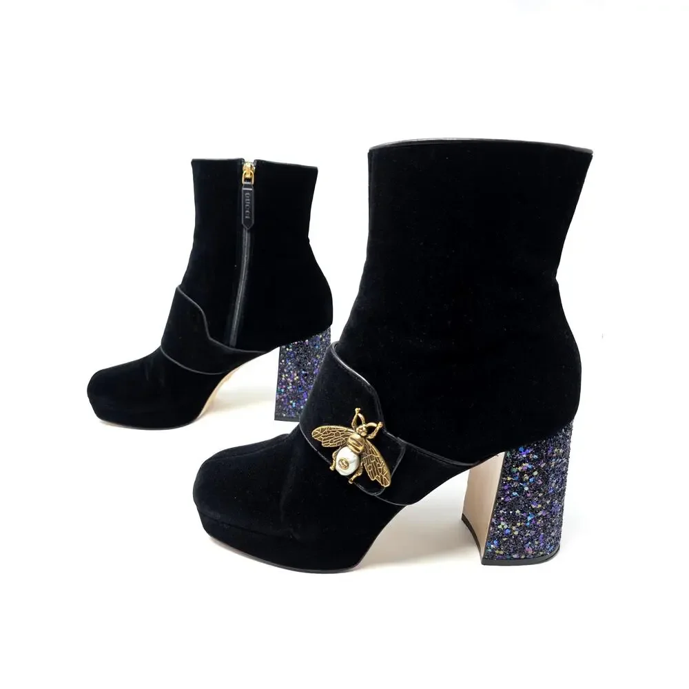 Gucci Platform Soko Bee GG Logo Ankle Boots Black Velvet Square Toe 40.5 10.5